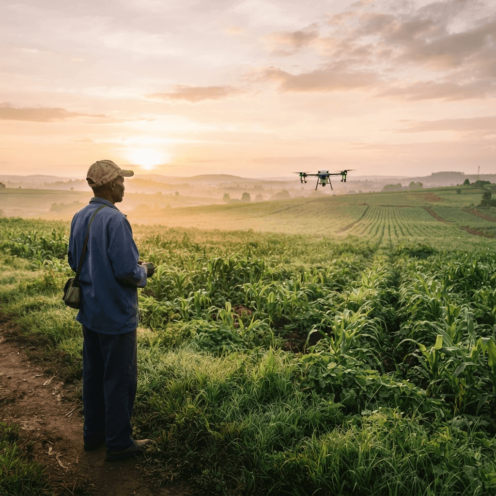 Farmer overlooking lush farmland at sunrise with an agricultural drone in the sky